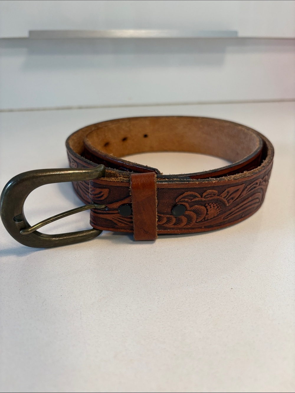 Vintage Brown Tooled Leather Belt with Brass Buckle